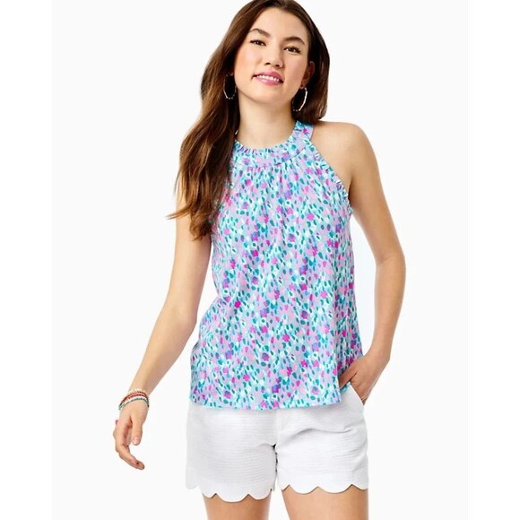 Lilly Pulitzer Tops - Lilly Pulitzer Jerrica Tank Top Ruffle Printed Sleeveless Cotton Knit XXS NWOT